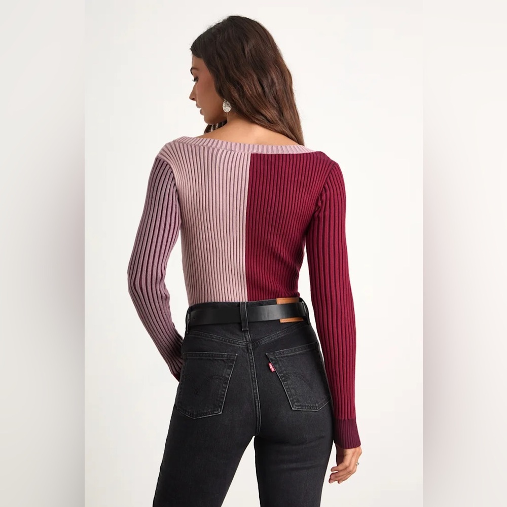 Lulus Mod Cutie Burgundy Color Block Ribbed Long Sleeve Bodysuit Small - Picture 4 of 6